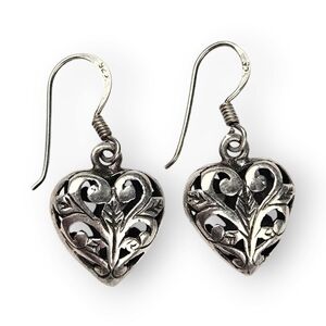 Sterling Puffy Heart Drop Earrings Floral Filigree 925 Silver Vintage 1 1/8"